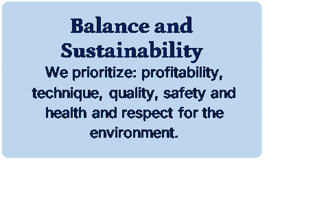 Rectngulo redondeado: Balance and Sustainability
We prioritize: profitability, technique, quality, safety and health and respect for the environment.

